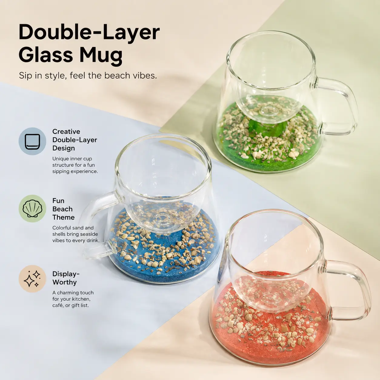 Ocean-Inspired Double-Wall Borosilicate Glass Mug - Clear Drinkware with Beach Sand and Shell Base, Ideal for Iced Coffee & Milk, TikTok Viral Everyday Gift