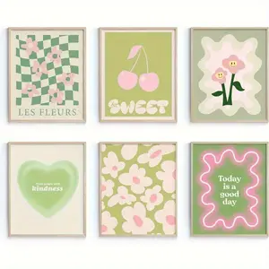 6pcs Frameless Groovy Pastel Wall Art Posters, 8x10inch Decor for Teen Bedroom Boho - Chic Spaces, Artistic Prints of Floral, Flower Leaf Print, Cherry Inspiring Phrases, Trendy Uplifting Aesthetic, Unframed Art Print