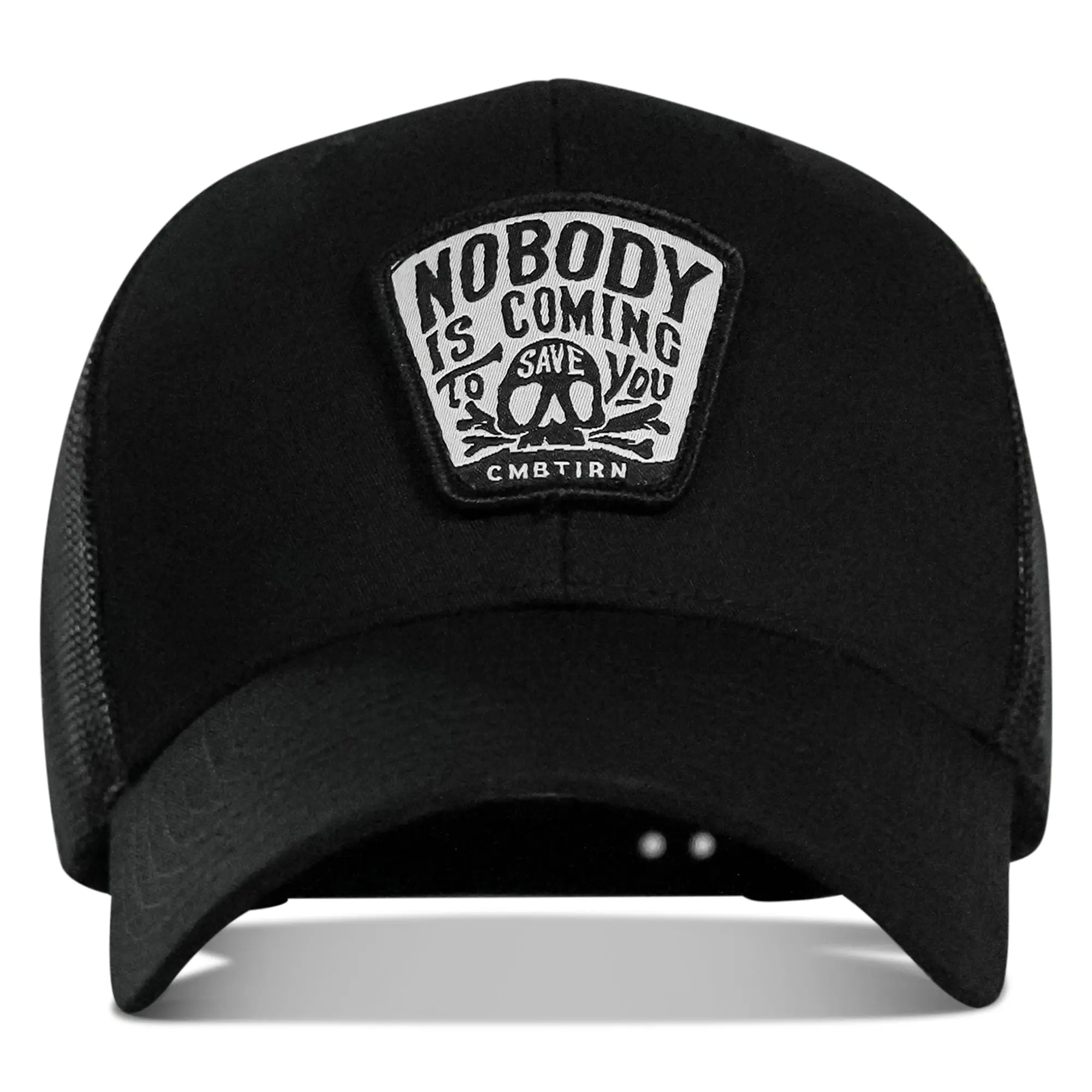 COMBAT IRON "Nobody Is Coming To Save You" Skull Patch Snapback Hat - Cotton-Poly Baseball Cap Snapback, Breathable, Airy Mesh Back, Durable Front Panel, Hard Buckram Front, Daily Wear