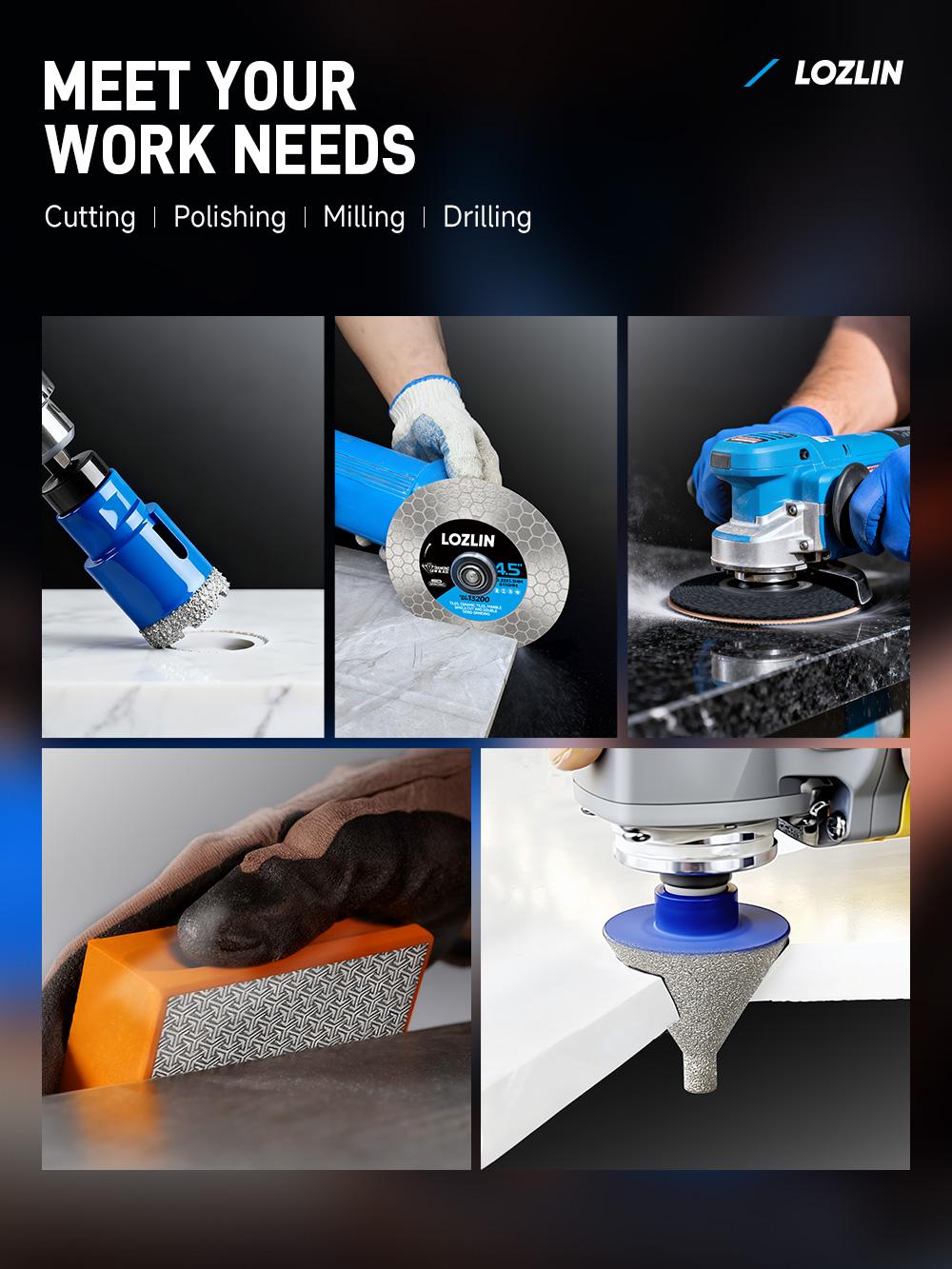 LOZLIN 17PCS Diamond Tool Kit for Tile, Includes Diamond Drill Bits, Saw Blades, Polishing Pads,Hand Pad, Chamfer Drill & Milling Bits, Cut & Grind Porcelain, Glass, Marble, Quartz and Ceramic