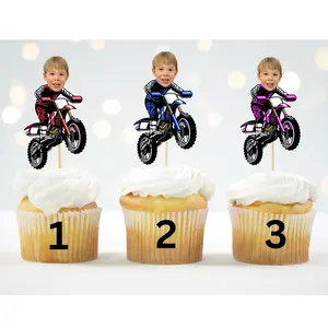 Motorcycle Party Cupcake Topper – Custom Photo Face Dirt Bike Topper