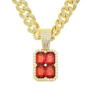 European and American Hip-Hop Men's Popular Accessories Necklace Trendy Bold Spliced Ruby Pendant Clothing Decoration Cuban Chain