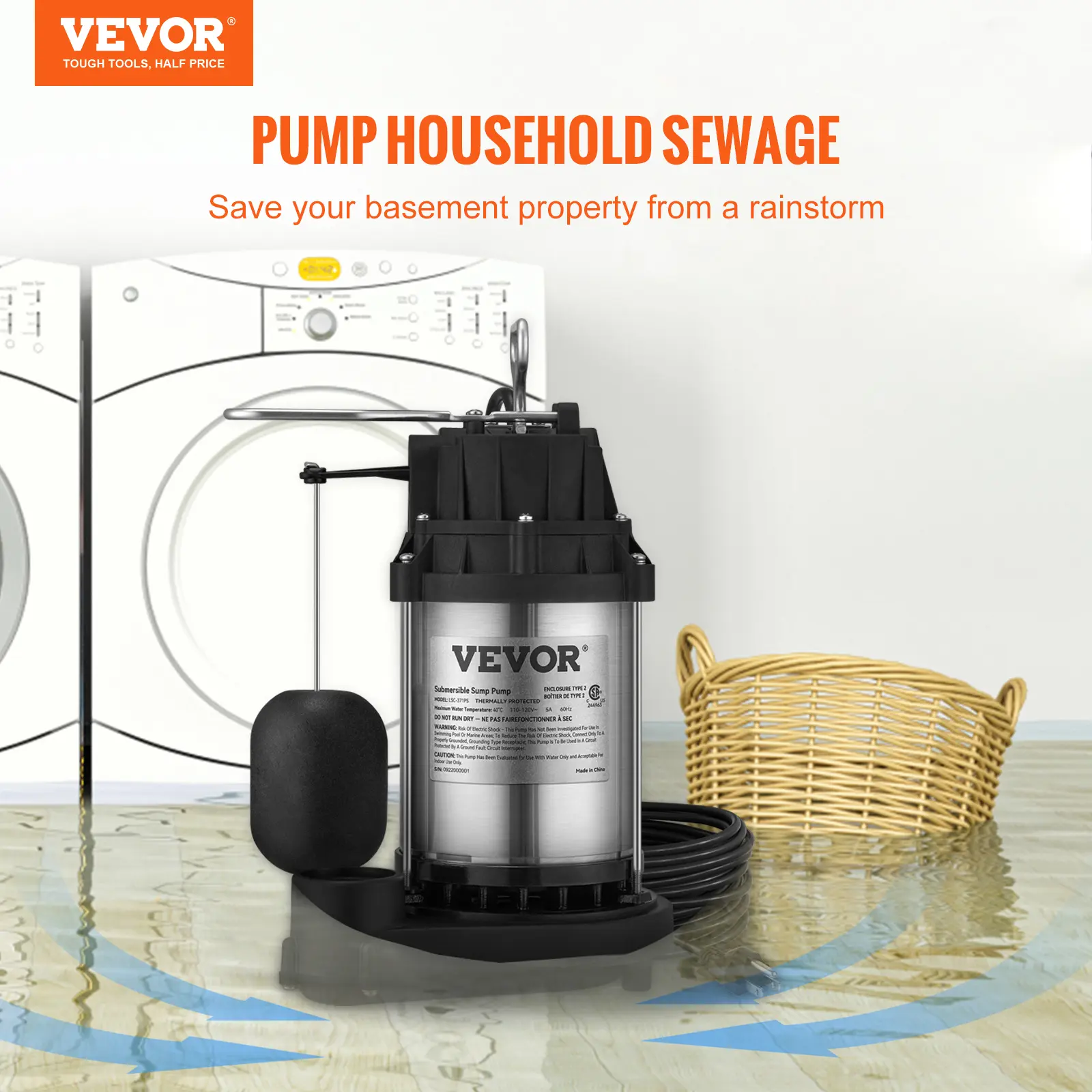 【Summerfinds】VEVOR 1/2 HP Stainless Steel Submersible Sump Pump, 3960 GPH, 1-1/2" NPT Discharge, 33 ft Cord, Automatic Float Switch with Piggy-Back Plug, for Basement Water Basin Indoor Use, 10 ft Reach, 28' Lift Height, Battery-Ready Compatibility, E