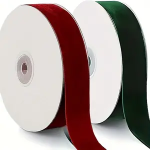7 Yards per Roll Red & Green Velvet Glitter Trim Ribbon - 1 Inch Wide Luxury Glossy Satin Finish, Single-Sided Elegant Woven Roll for Gift Wrapping, Bows, Christmas Tree Decorations, Valentine's Easter New Year DIY Crafts