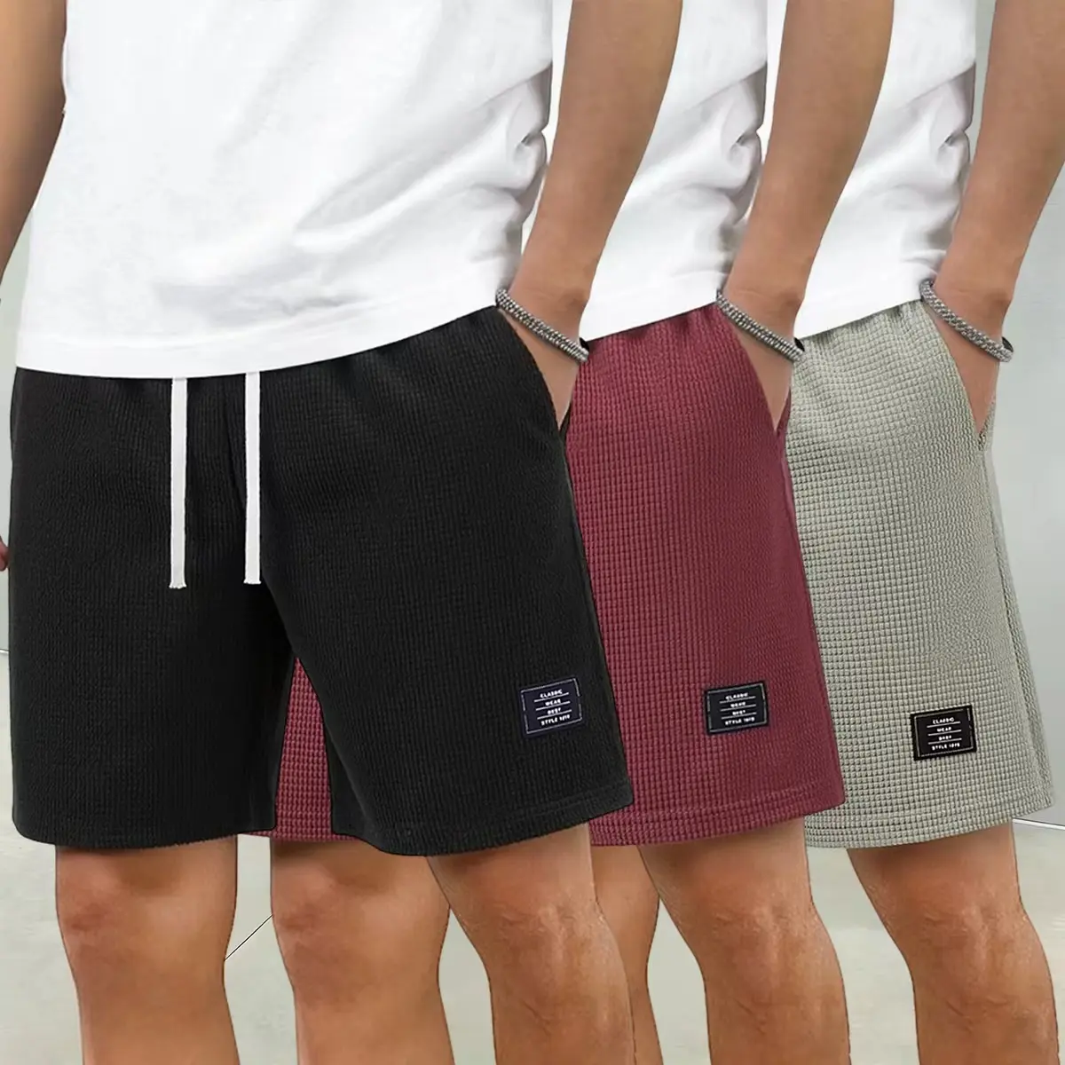 Men's Light Corduroy Casual Fit Shorts (Set of 3) - Menswear, Baggy Drawstring Waist, Pocket Details, Hem Woven Label, Moisture-Wicking, Beige Summer Jorts