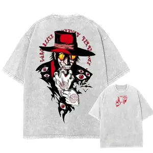 Hellsing Ultimate Alucard Hunt Vampire Graphic Print Acid Wash Tee, Unisex Cotton T-Shirt, Size S-3XL