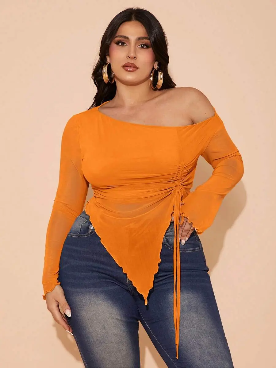 Curvera x  BAE Plus Size Women Mesh Drawstring Side Top, Elegant Holiday Party, Suitable For Summer, Birthday And More Fall