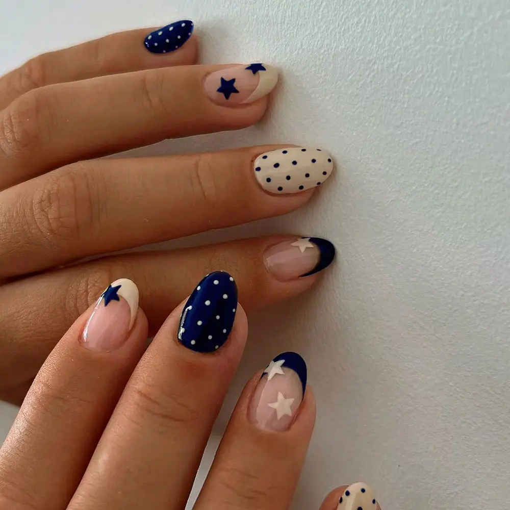 24pcs Clear Nude Nail Art Set, Klein Blue French Tips, Stars & Dots, Short Oval Nails, Glossy Finish, Daily Commute Friendly