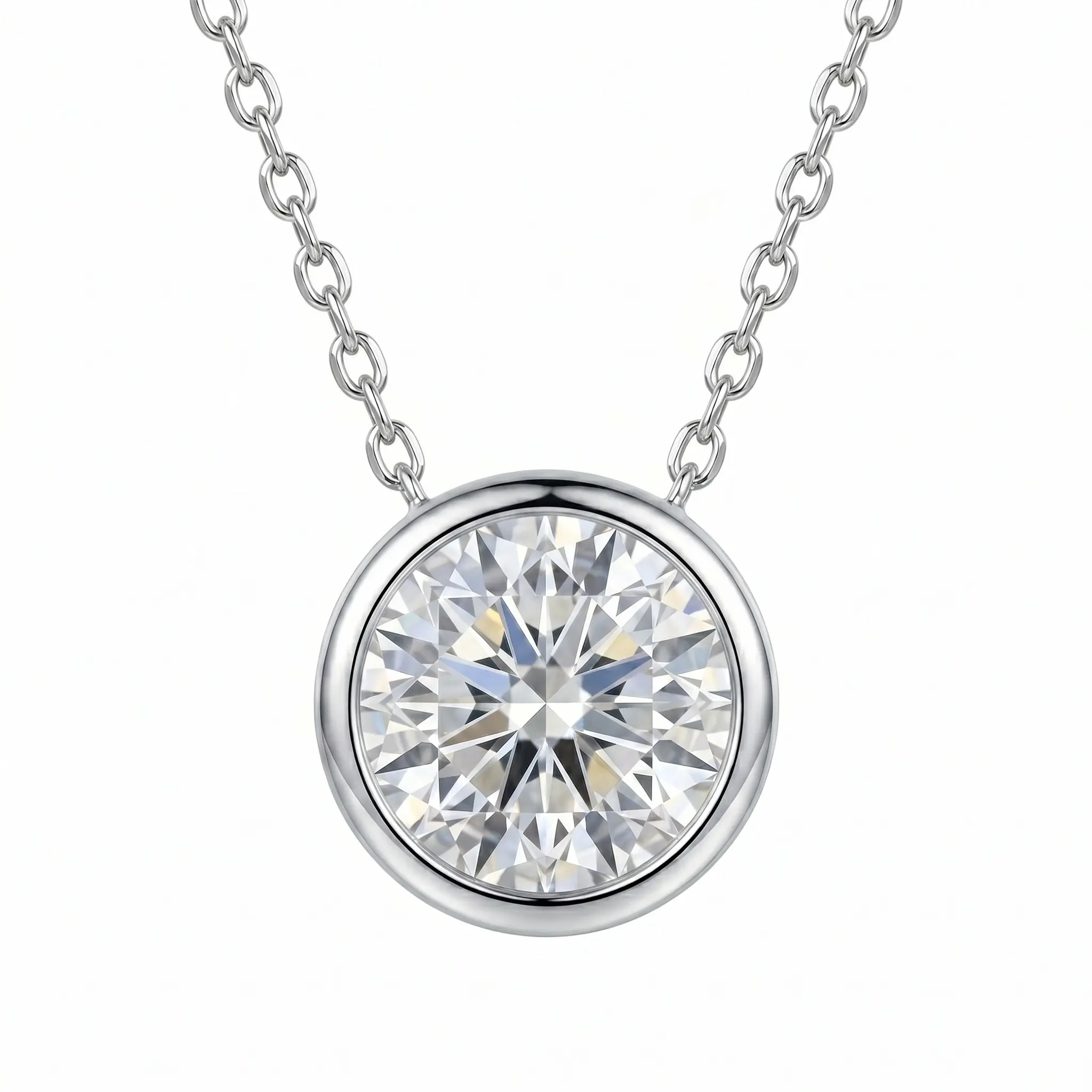 S925 Sterling Silver Bezel Solitaire Pendant Necklace for Women, AAA+ Cubic Zirconia Round Brilliant Cut Diamond Simulant Choker, Platinum Plated Hypoallergenic Minimalist Fine Jewelry Gift for Her