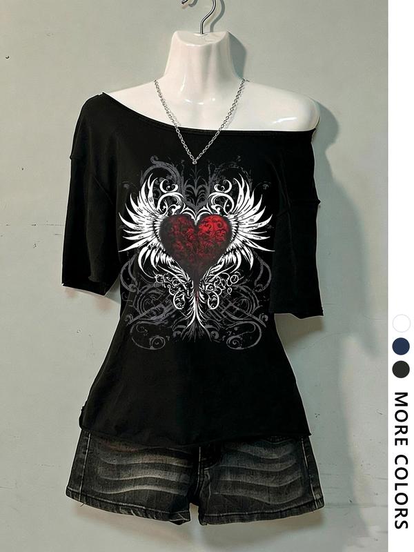 Women's Asymmetrical Neck Digital Print Summer Casual T-Shirt, Vintage Campus Style, Fashion Trend Letter Design