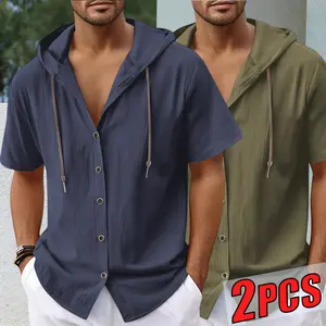 2PCS-Men's Trendy Hooded Button-Up Shirt – Casual, Comfortable & Fashionable, Great for Streetwear & Summer Outfits men's hooded shirt beach cover-up for men summer casual shirt#SummerVibes