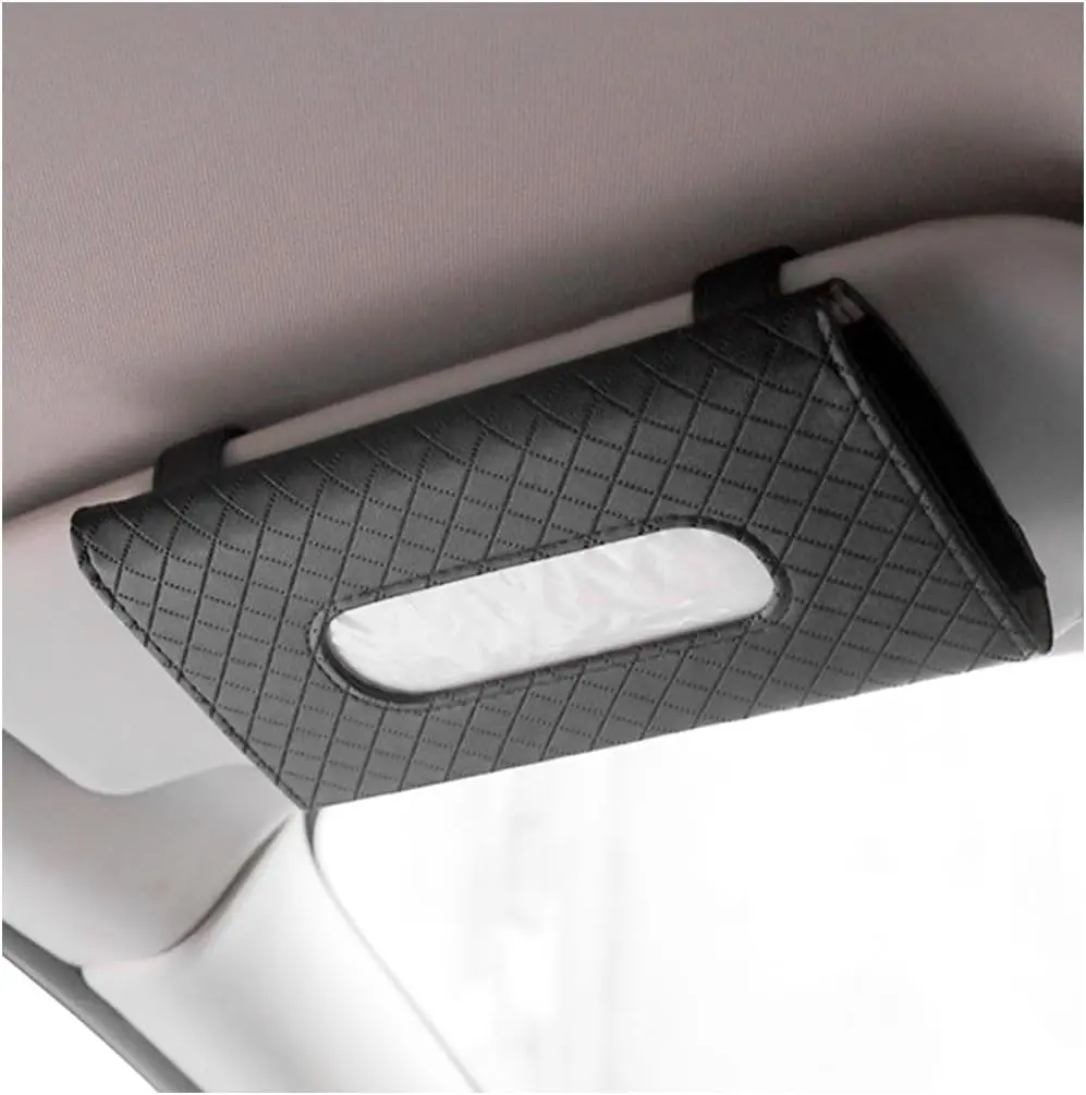 Car tissue holder, leather hanging tissue holder with tissue refill, rectangular napkin holder mask dispenser for sun visor, car interior accessories for tissue storage