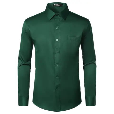 ZEROYAA Men's Beige Polyester Long Sleeve Button-Up Dress Shirt - Slim Fit, Left Chest Patch Pocket, Fabric Material, Urban Casual Business Top for Men, Concert, Dating