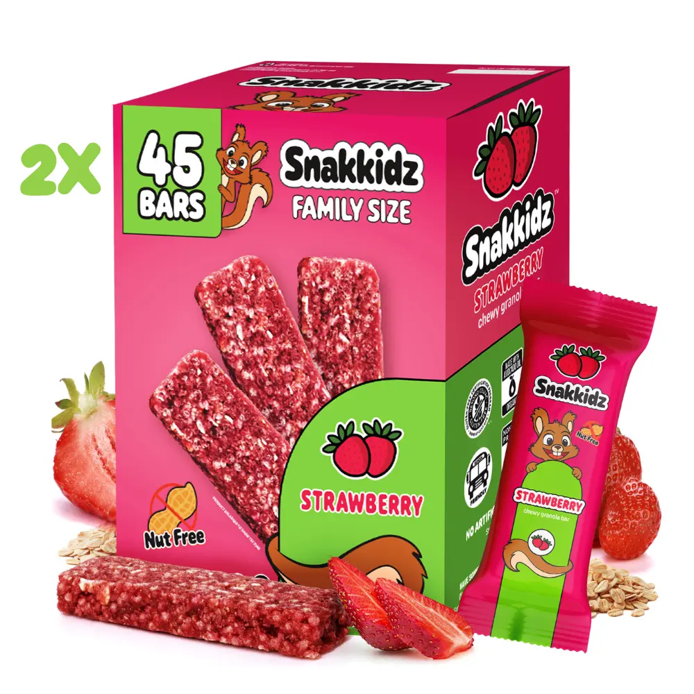 Snakkidz Organic Chewy Granola Bars for Kids, Allergen-Free, Nut-Free, Gluten-Free, Low Sugar Snack Bars Made with Avocado Oil, Individually Wrapped, School Safe Lunch Snacks, Family Bundle for 90 bars, Strawberry