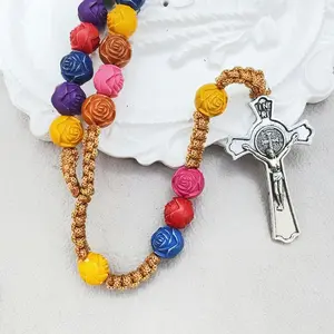 Handmade Wooden Catholic Rosaries Necklace, Wood Christian Prayer Beads Holy Soil Medal & Cross, Catholic Wooden Rosary Rosary Beads Handmade for Men Women,Rosary Colorful Cross Necklace Rose Rosary Prayer Rosary Easter Gift