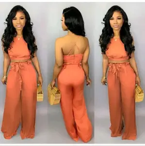 Womens 2 Piece Halter Top Set with Pants in Tall Girl Friendly Style for Comfort - Clothing, Womenswear, Suits, Trouser Casual Sleeveless Spaghetti Strap