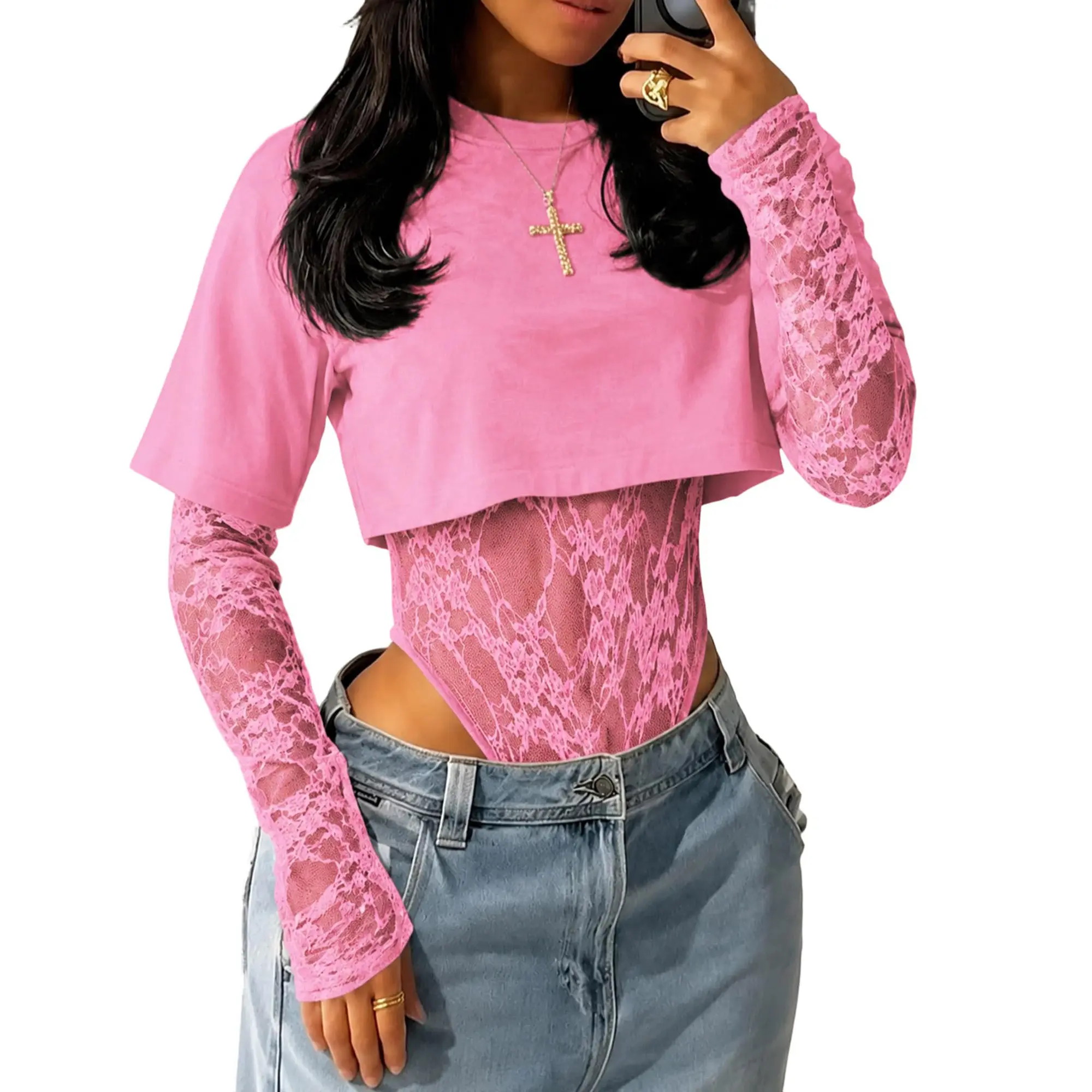 Acelyn Sexy Lace Bodysuit Cropped Tops for Women See Through Y2k Streetwear Club Outfits for Night Going Out
