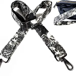 Cross Body Skull Rose Black and White Guitar Style Bag Strap - Skull and Rose