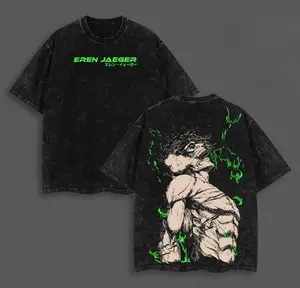 Men's Eren Yeager Attack on Titan Oversized Round Neck Tee - Menswear, Casual Distressed Acid Washed Heavyweight Cotton Soft Festive Valentine Anime Graphic Streetwear Gift for AOT Fans