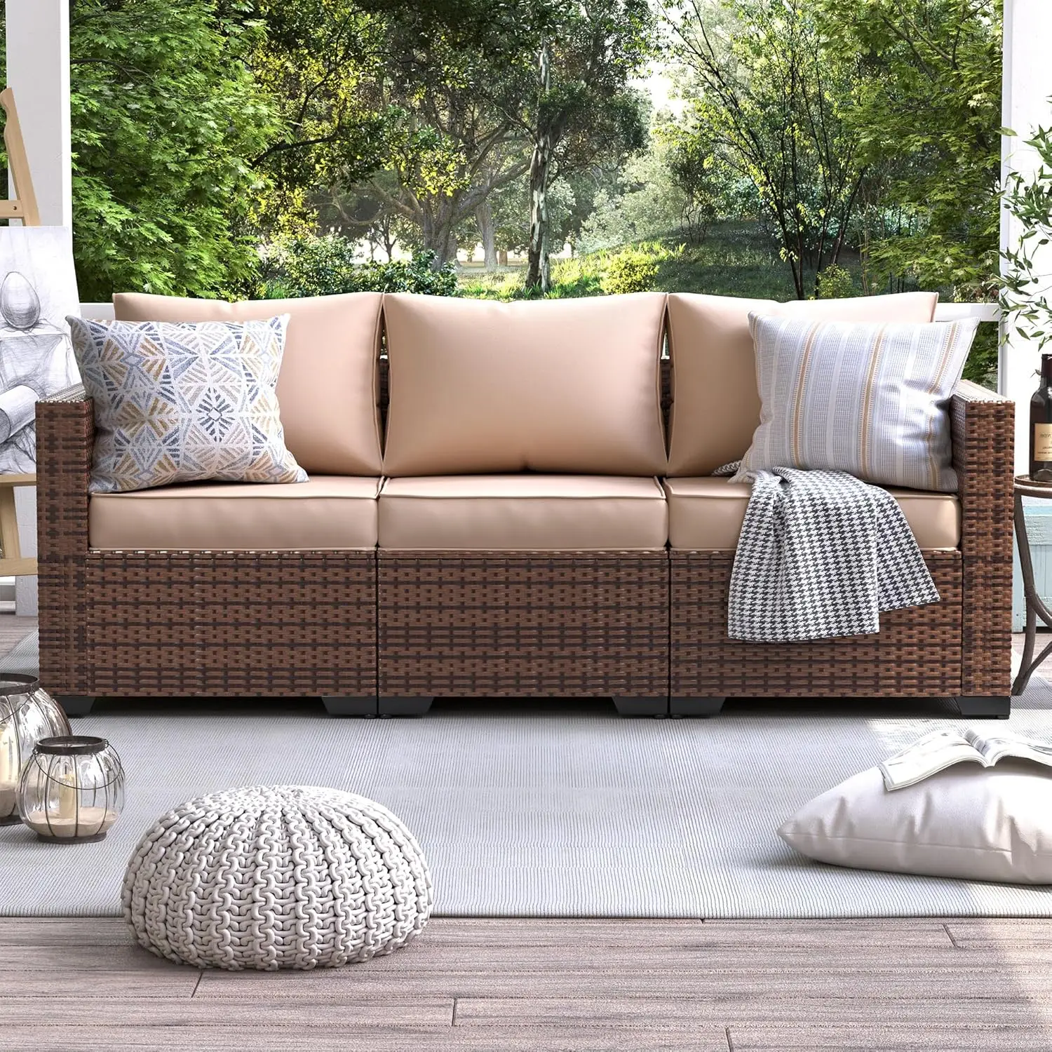UDPATIO 3-Seat Patio Wicker Sofa, Outdoor Rattan Sectional Couch Furniture Steel Frame Furniture Cover Non-Slip Cushion for Graden,Patio Loveseat Mode