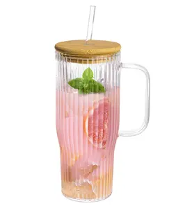 32oz Ribbed Glass Cup with Handle Bamboo Lid and Straw，Borosilicate Glass Tumbler, Iced Coffee Cups Hot/Cold Drinks Drinking Glassware Drinkware tommie lee glass cup