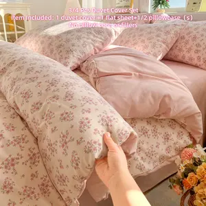 Pink Floral Duvet Cover Set for Girls Women, Bed sets, Girls Cottagecore Bedding Set Peach Floral Comforter Cover with Zipper Closure,Vintage Country Bedding, Soft Bedding Comforter Cover Set for Room Decor, 1 Duvet Cover+1 Flat Sheet +1/2 Pillowcases
