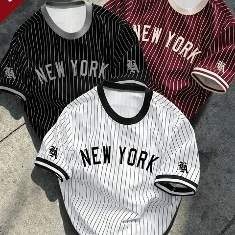3-Pack Men's Summer Striped Baseball Short Sleeved T-shirts, American Retro Street Style Crew Neck Short Sleeve Tops, Streetwear Sport Top, Casual Sporty Fitted Top, Casual Sportswear, Suitable for Daily Casual & Sports Wear