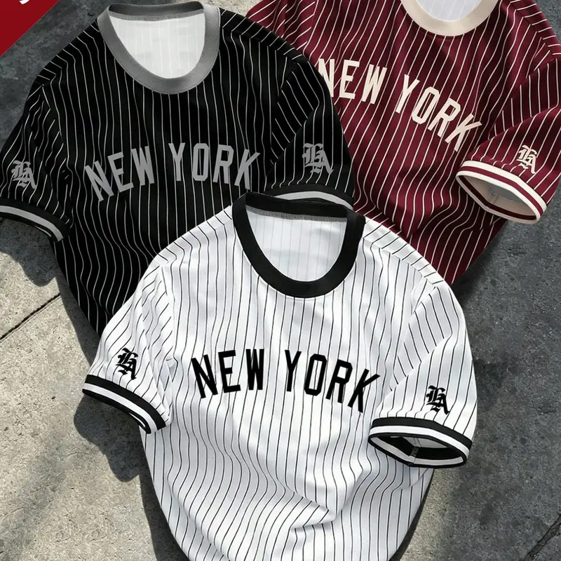 3-Pack Men's Summer Striped Baseball Short Sleeved T-shirts, American Retro Street Style Crew Neck Short Sleeve Tops, Streetwear Sport Top, Casual Sporty Fitted Top, Casual Sportswear, Suitable for Daily Casual & Sports Wear