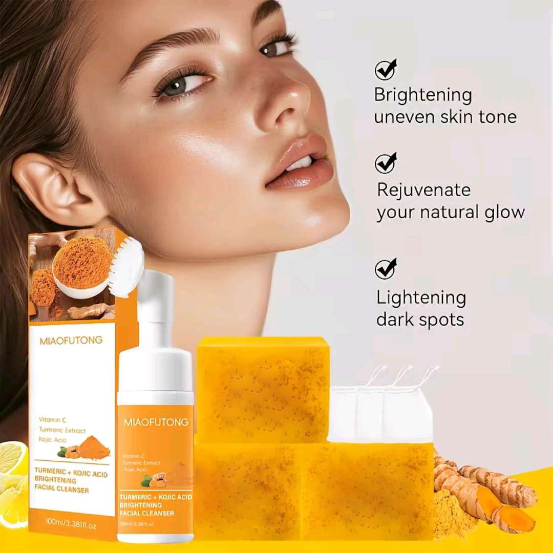 2-Piece Turmeric Facial Cleansing Kit for Men & Women - Gentle Foaming Mousse, Lemon Turmeric Soap - Daily Skincare Face Cleanser