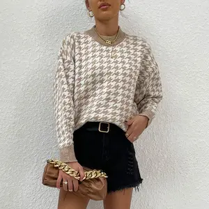 MK-Khaki Houndstooth Pattern Drop Shoulder Sweater Casual Knitwear