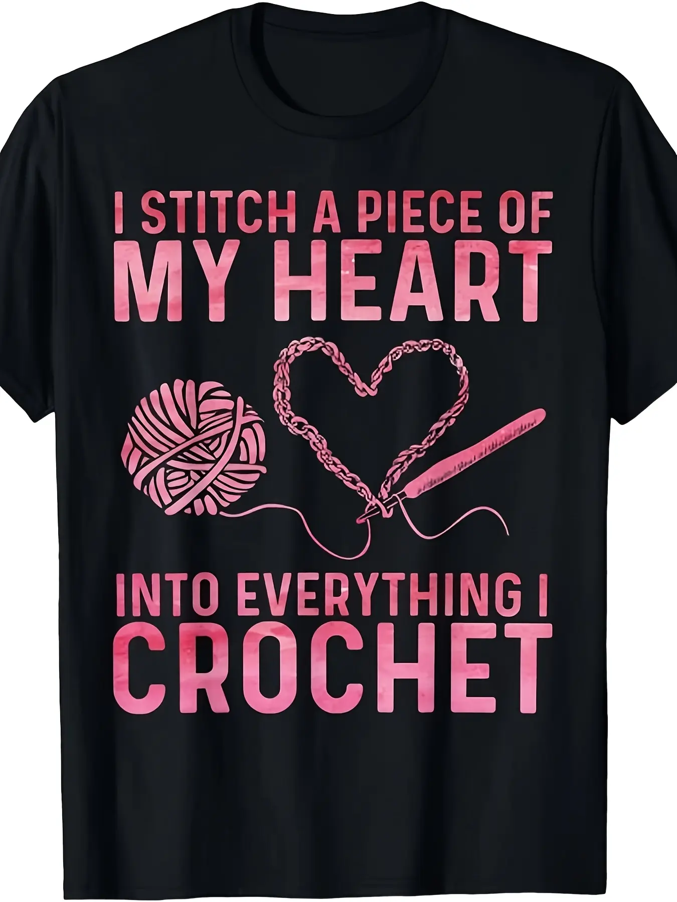 Funny Crochet Lover T-Shirt with I Stitch a Piece of My Heart Slogan & Yarn Ball & Hook Design - 220gsm Heavyweight Retro Unisex Tee for Men & Women, All-Season Casual Wear for Crochet Enthusia, Casual WearPattern Print Crew Neck T-Shirt Gift