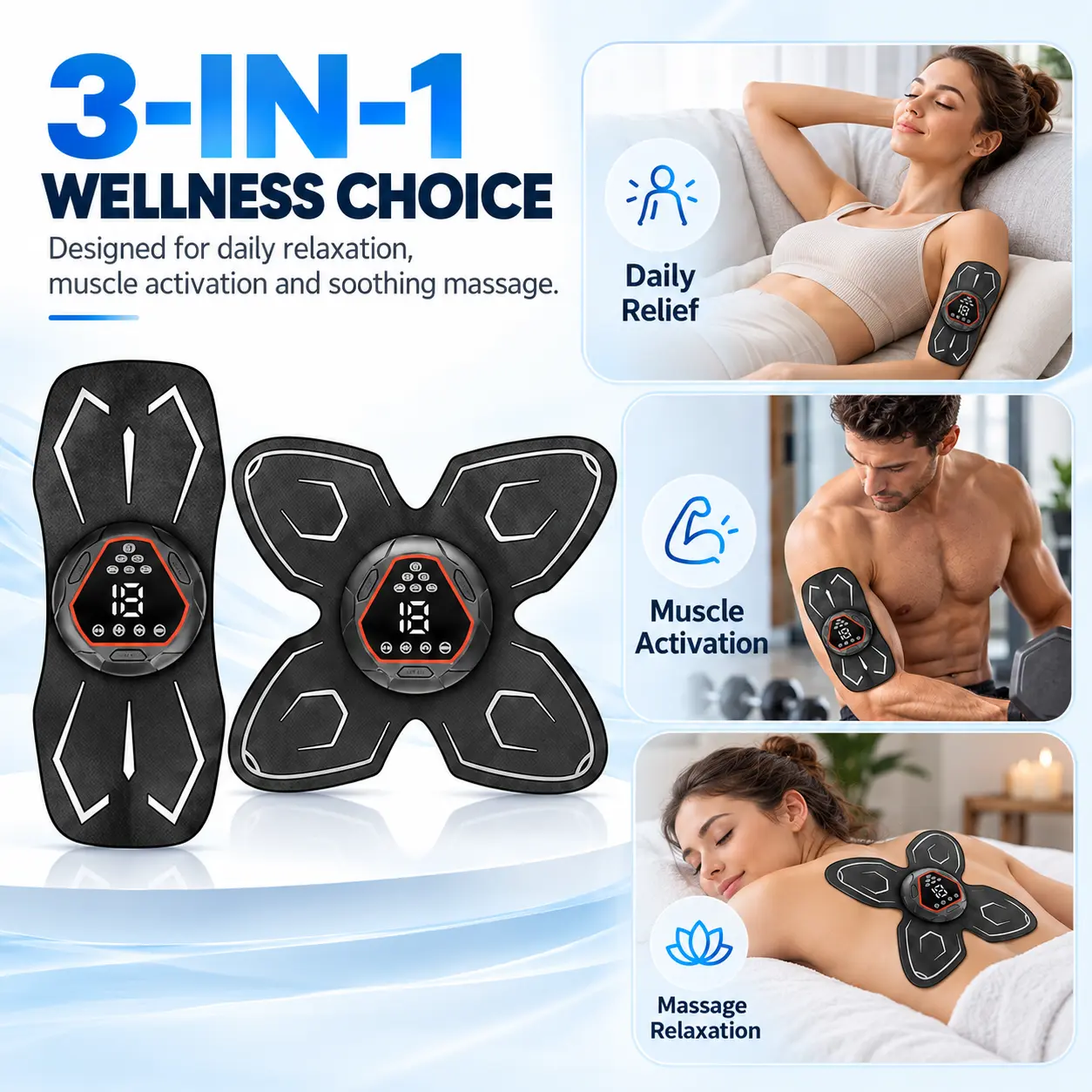 Wireless TENS EMS Muscle Massager, 2 Pad Shapes, 6 Massage Modes, 18 Intensity Levels, USB-C Rechargeable, 15-Min Auto Shut-Off, 4–8H Runtime, Built-in Digital Control for Daily Relaxation(Not a medical device. No therapeutic claims.)