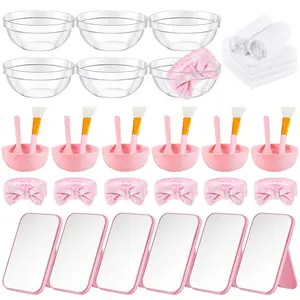 6 Sets Spa Party Supplies Set for Girls Facial Mask Mixing Set with Bowls, Silicone Brushes, Hair Bands, Folding Mirrors & Towels for Home/Salon Skincare