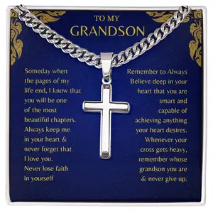 To My Grandson Cuban Chain with Artisan Cross Necklace
