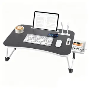 Foldable Laptop Lap Desk with USB Ports & Storage Drawer - Portable Bed Desk Tray with Cup Holder for 17" Laptops - Adjustable Standing Table for Work, Gaming, Eating & Camping - Fits Bed, Couch & Floor