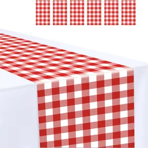 6 Pcs 14 x 108 Red and White Checkered Disposable Plastic Gingham Table Runner for Birthday Wedding Baby Shower Christmas Party Table Centerpiece Decorations