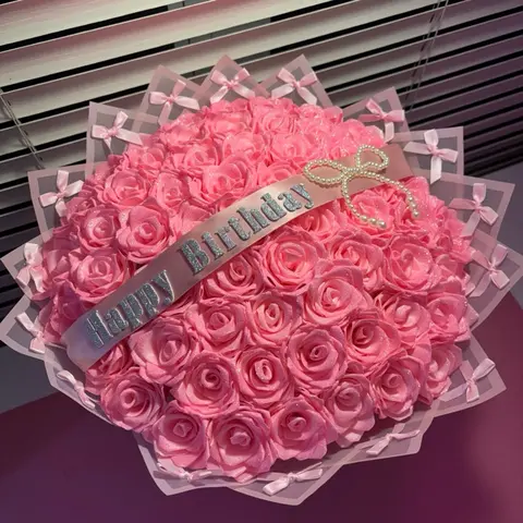 Eternal Coquette Flower Bouquet (50 ct) - Pink Sparkle Handmade Ribbon Roses with Pearl Decor and Custom Message Floral Gift
