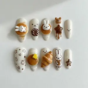 Handmade Miffy Dessert Press On Nails, 3D Donut Croissant, Cute Bunny Nails