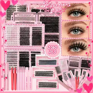 Self-Apply Lash Clusters Eyelash Extensions Kit - 2080 Curved Individual Lashes, Eye-Enlarging Natural Look, Includes Adhesive & Setting Agent, Cosmetic Beauty & Personal Care Makeup Supplies