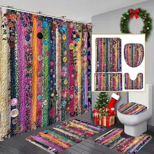 Rainbow Color Bathroom Set with Non-Slip Mat, 12 Hooks, U-Shaped Toilet Cover, Modern Home Decor Gift Set for Christmas Festival, Shower Curtain Set, Bathroom Decoration Accessories