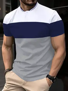 Men's Round Neck T-Shirt, Colorblock Casual Fashion, Short Sleeve Fitted Design, Daily Wear, Regular Style, H-Type Silhouette, Casual Slim Fitting