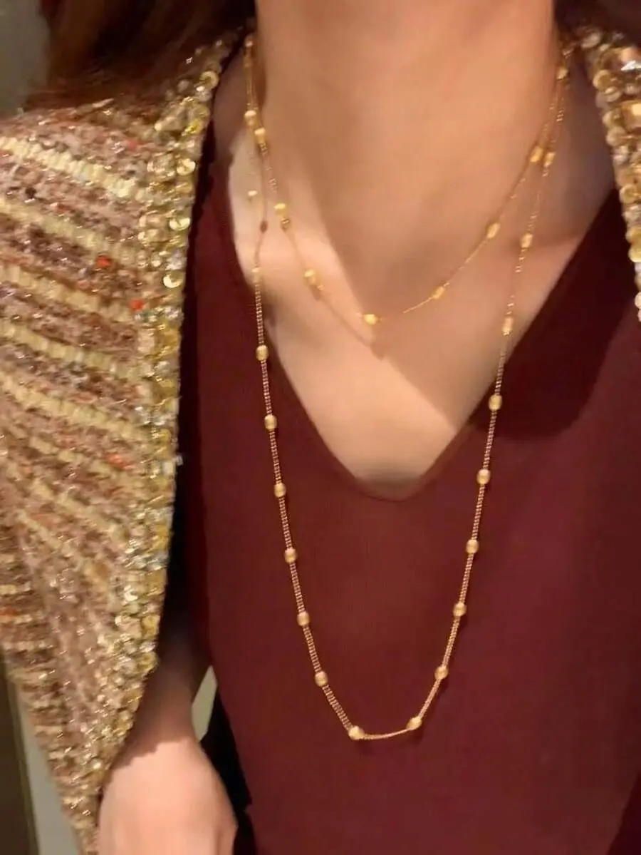 1pc Gold-Color 18K Plated Stainless Steel Sphere Design Chain Necklace, 100cm Length, Fashion For Daily Decoration, Party, Club Wear