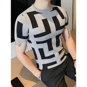 LightweightFeel|Men'sSlimFitShortSleeveKnitSweater-CasualGeometricPatternPullover,Red&BlackKnitTopForSummer,RoundNeck,Lightweight&BreathableFabric,PulloverTop|GeometricPatternSweater|ComfortableWear