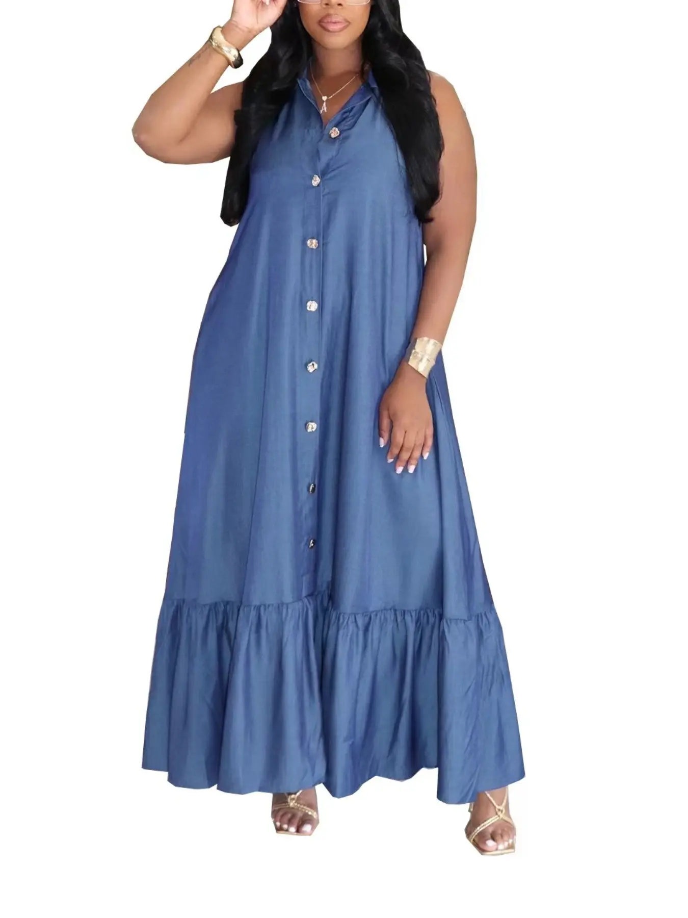 Women's Loose Sleeveless Ruffle Long Ruffled Dress, Summer Casual Vacation Collar Button Front, Casual Beach Sundress, H851 Cross-Border Export