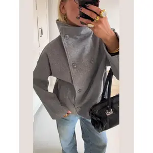 Women’s Solid Turtleneck Double-Breasted Pocket Coat, Casual Loose Fit, Full Sleeves, 2025 Autumn Office Lady Jacket