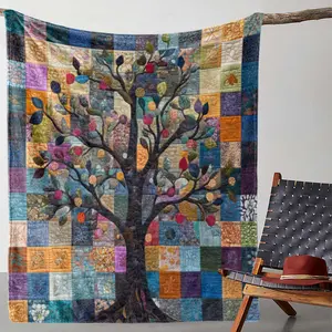 1pc Cozy Flannel Blanket with Vibrant Patchwork Tree Design – Soft, Warm, and Colorful Plaid Pattern for Sofa, Bed, Car, Office, Camping, Travel – Perfect Gift for All Seasons summervibes