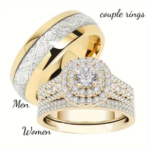 Wedding Rings for Men and Women, Wedding Ring Sets for Couples,Yellow Gold Plated CZ Engagement Rings Bridal Wedding Ring Sets & Titanium Wedding Ring