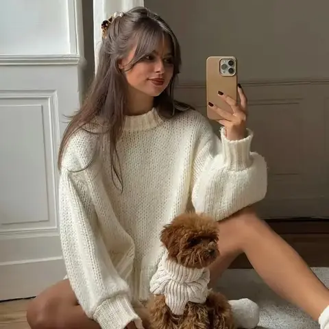 Elegant Women's Vintage Chunky Knit Sweater, Round Neck Long Sleeve Pullover, Autumn Winter Fashion, Thick Casual Top, Knitwear