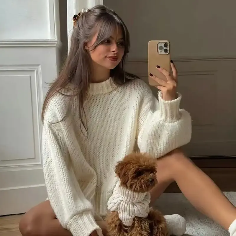 Elegant Women's Vintage Chunky Knit Sweater, Round Neck Long Sleeve Pullover, Autumn Winter Fashion, Thick Casual Top, Knitwear
