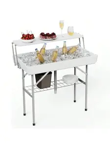 Gaomon Foldable Ice Cooler Table - 2-Tier Design with Drain, Removable Skirt, Extra Storage Shelf, for Camping, BBQ, Indoor-Outdoor Use, White